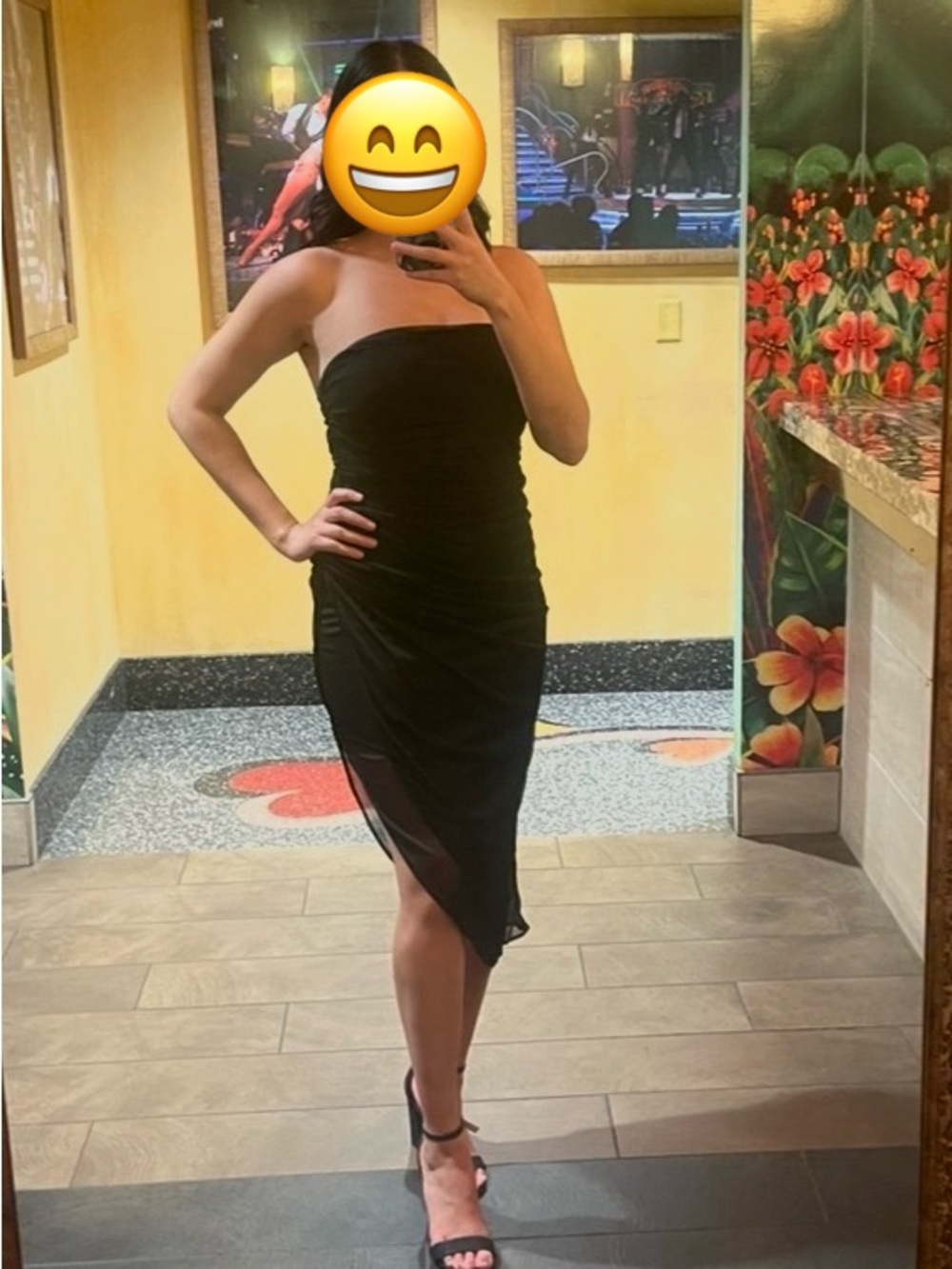 Emerald Sundae Strapless Black Ruched Asymmetric Midi Dress